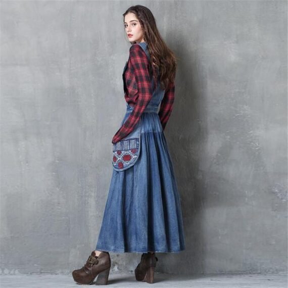 Long Denim Overall Dress with Large Pockets - Image 3