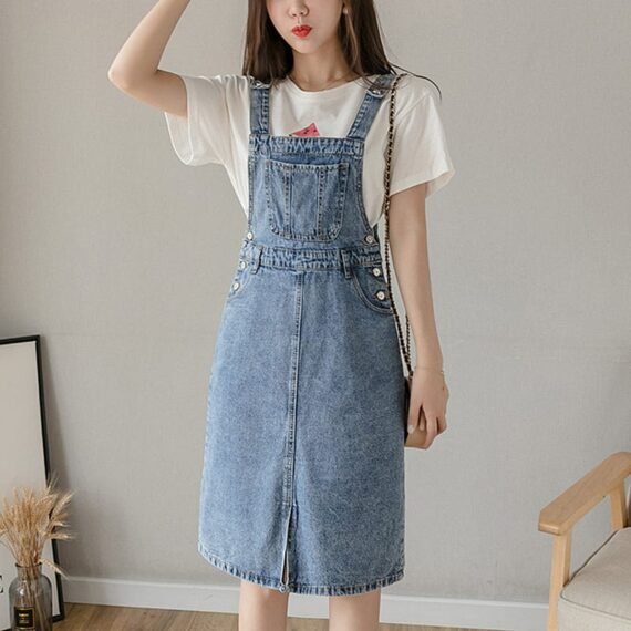 Preppy Knee-Length Denim Overall Dress