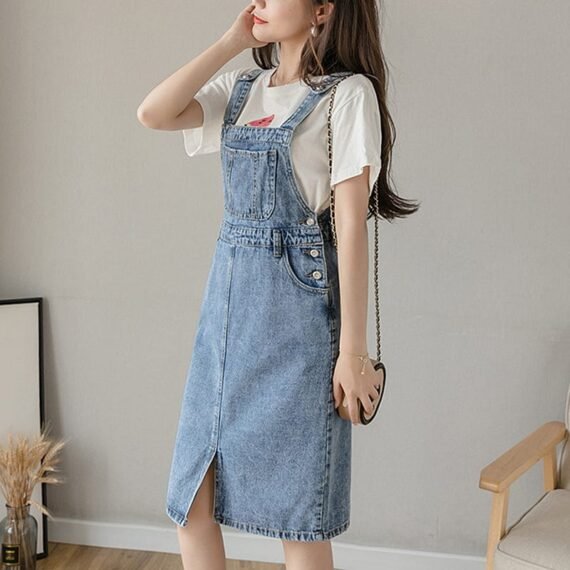 Preppy Knee-Length Denim Overall Dress - Image 3