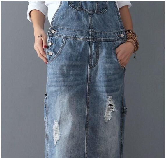 Ripped Denim Overall Dress - Image 4