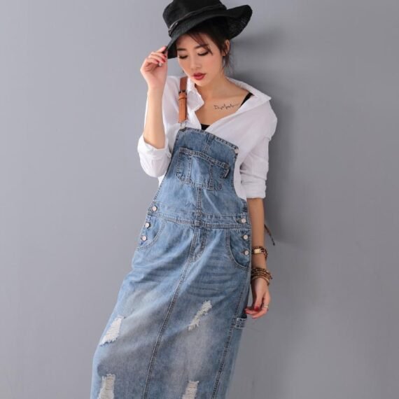 Ripped Denim Overall Dress - Image 2