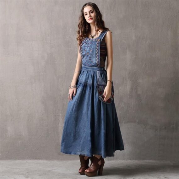 Elegant Embroidered Denim Overall Dress