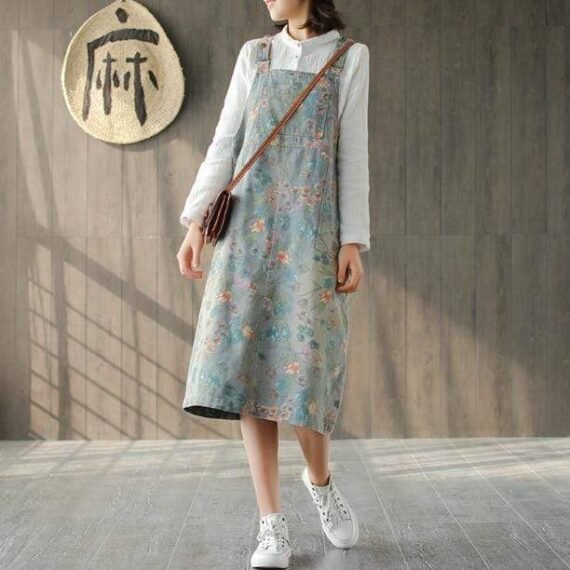 Artsy Floral Denim Overall Dress - Image 4