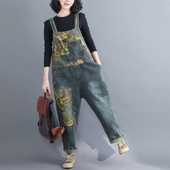 Floral Print Loose Denim Overall - Image 7