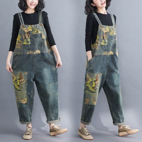 Floral Print Loose Denim Overall - Image 2