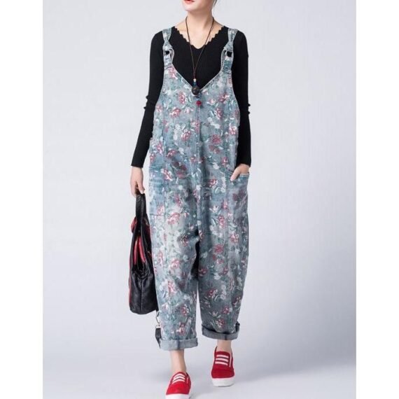 Oversized Denim Floral Print Overall - Image 4