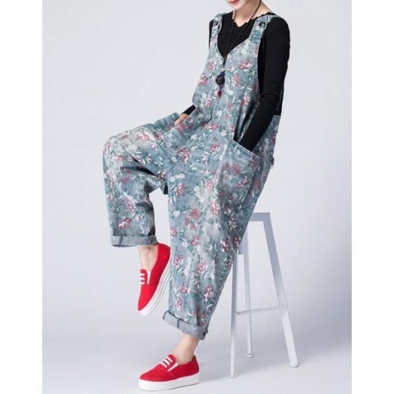 Oversized Denim Floral Print Overall - Image 3