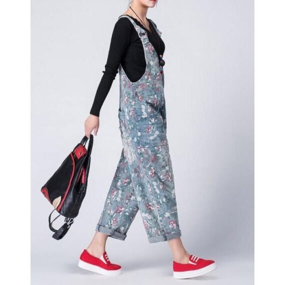 Oversized Denim Floral Print Overall - Image 5