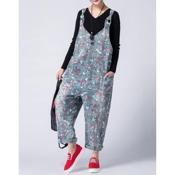 Oversized Denim Floral Print Overall - Image 2