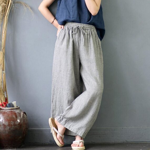 Plaid Linen Palazzo Pants - Image 3