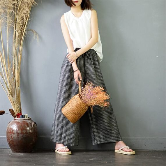 Plaid Linen Palazzo Pants