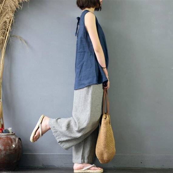 Plaid Linen Palazzo Pants - Image 4