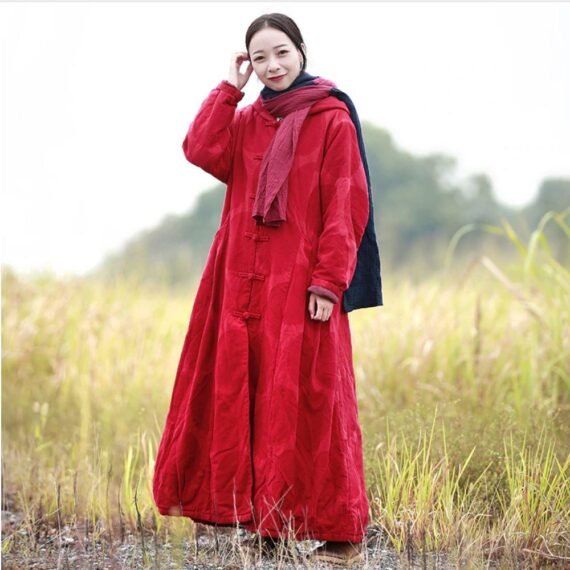 Red Linen Hooded Trench Coat - Image 2