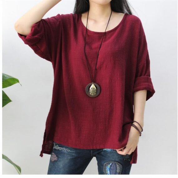 O Neck Long Sleeve Linen Shirt - Image 3