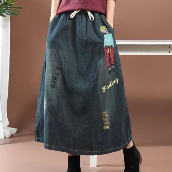 Streetstyle Cartoon Embroidered Denim Skirt - Image 5