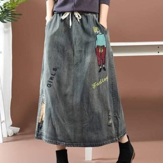 Streetstyle Cartoon Embroidered Denim Skirt - Image 2