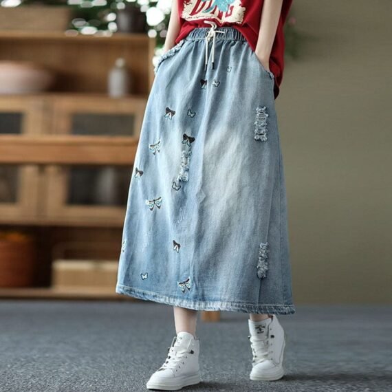 Butterfly Embroidered Vintage Denim Skirt - Image 2