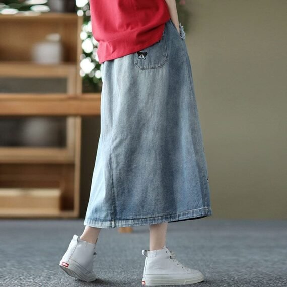 Butterfly Embroidered Vintage Denim Skirt - Image 3