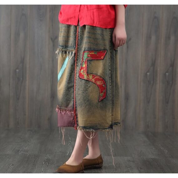 Embroidered Patchwork Denim Skirt - Image 2
