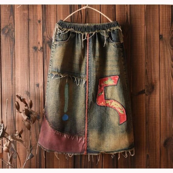 Embroidered Patchwork Denim Skirt - Image 4
