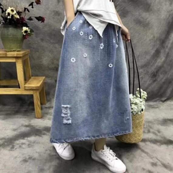 Floral Embroidered Distressed Denim Skirt - Image 3