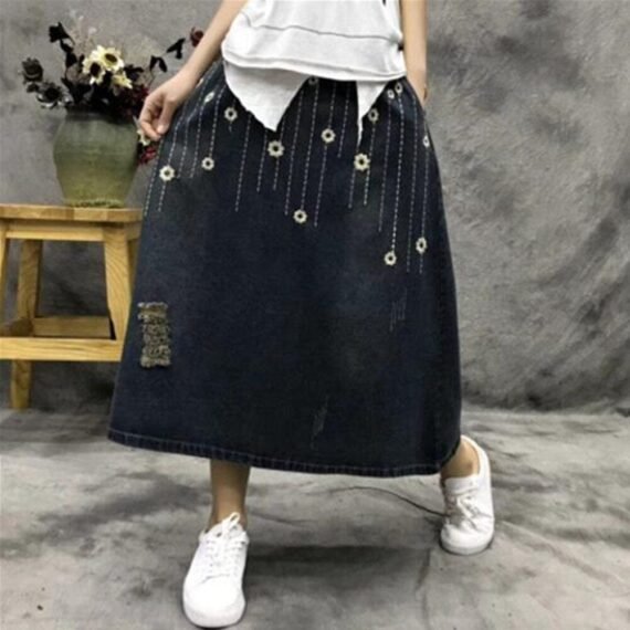 Floral Embroidered Distressed Denim Skirt - Image 2