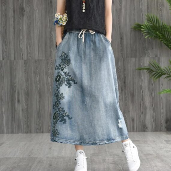 Floral Embroidered Distressed Denim Skirt