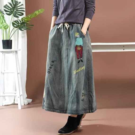 Streetstyle Cartoon Embroidered Denim Skirt - Image 3