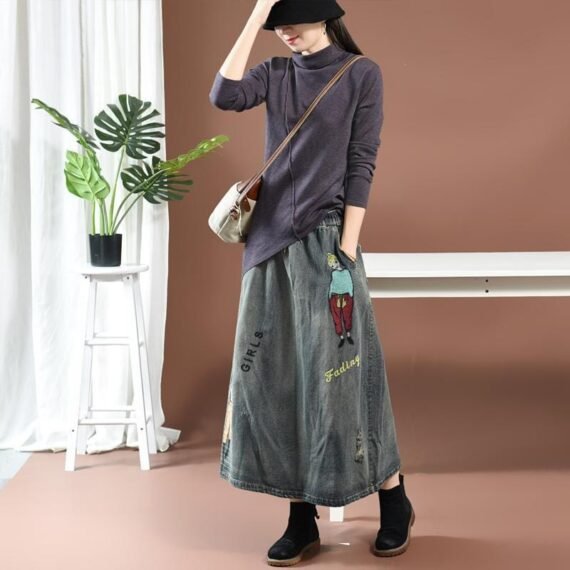 Streetstyle Cartoon Embroidered Denim Skirt - Image 4