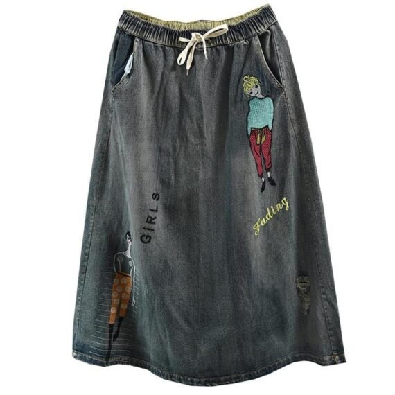 Streetstyle Cartoon Embroidered Denim Skirt - Image 7