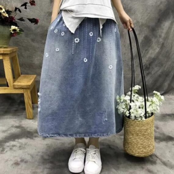 Floral Embroidered Distressed Denim Skirt - Image 4