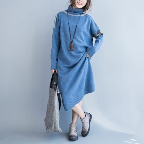 Oversized Blue Turtleneck Sweater Dress - Image 6