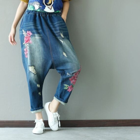 Floral Embroidered Distressed Harem Jeans - Image 4