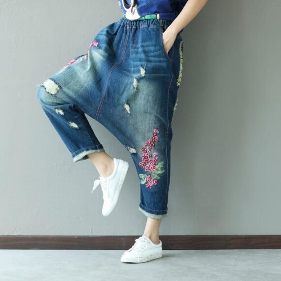 Floral Embroidered Distressed Harem Jeans - Image 2
