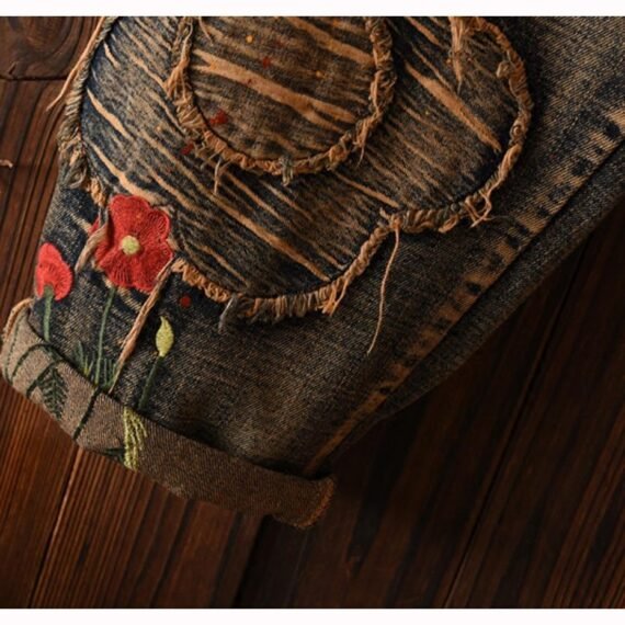Floral Embroidered Vintage Hipster Jeans - Image 3
