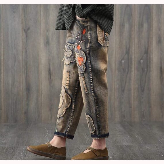 Floral Embroidered Vintage Hipster Jeans - Image 2