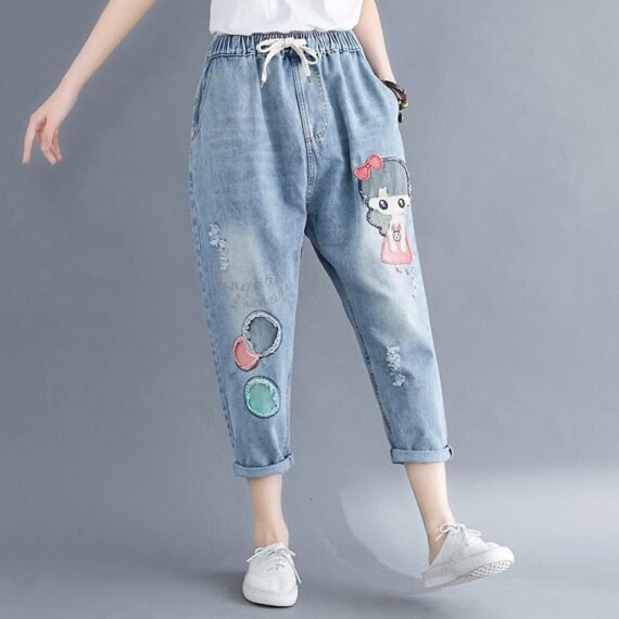 Vintage Cartoon Embroidered Boyfriend Jeans - Image 2