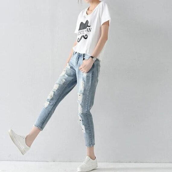 Light Wash 3/4 Distressed Jeans - Image 2