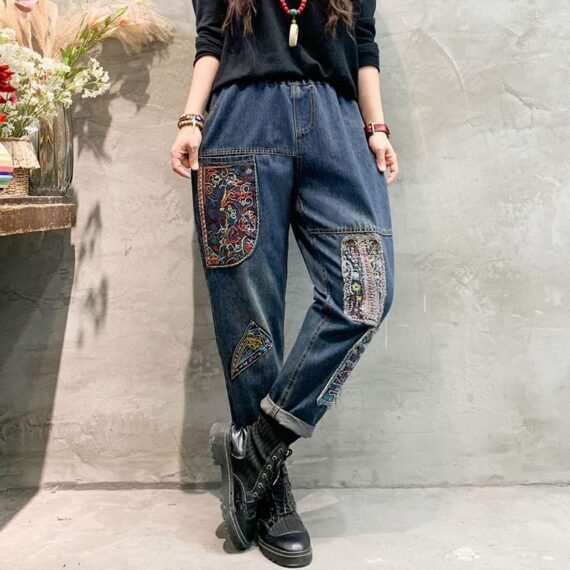 Patchwork Embroidered Loose Hipster Jeans - Image 2