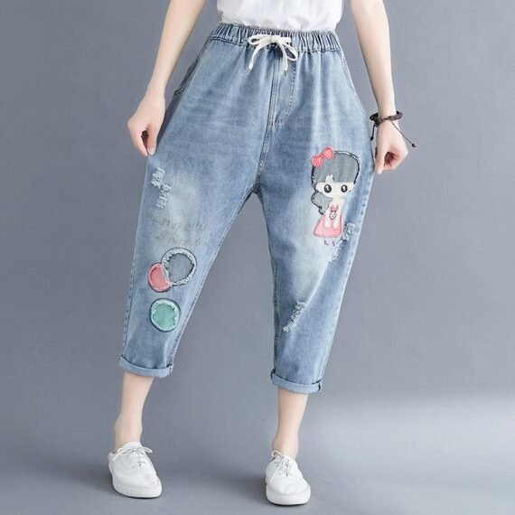 Vintage Cartoon Embroidered Boyfriend Jeans