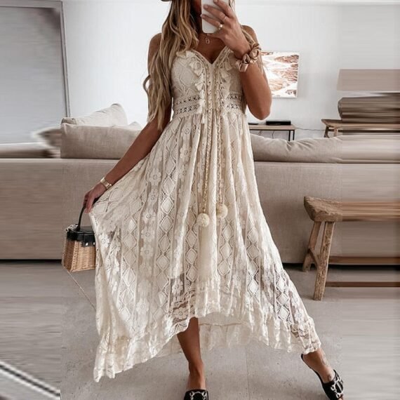 Asymmetric Spaghetti Strap Lace Dress