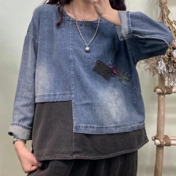 Patchwork Denim Cotton T-Shirt