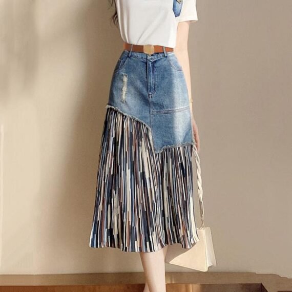 Asymmetrical Patchwork Denim Skirt - Image 2