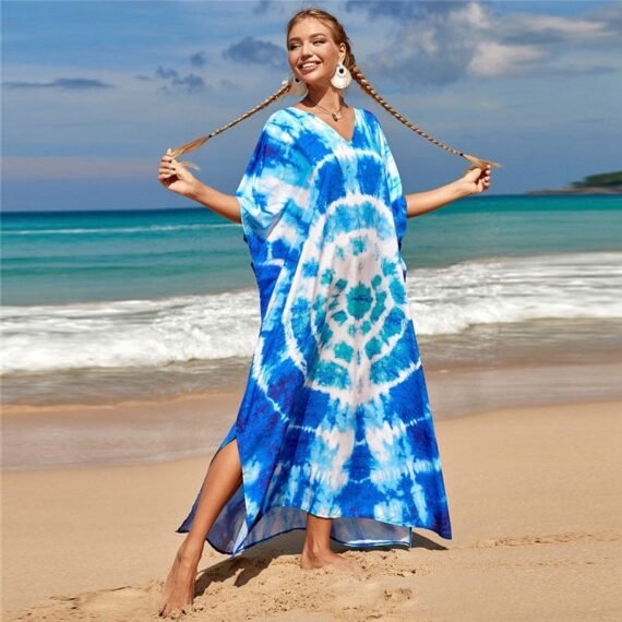 Blue & White Tie-Dye Hippie Dress - Image 3