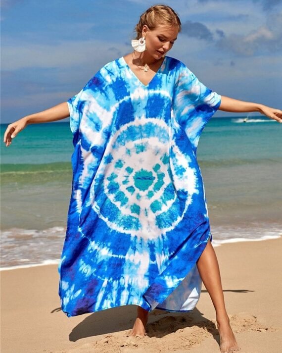 Blue & White Tie-Dye Hippie Dress - Image 4