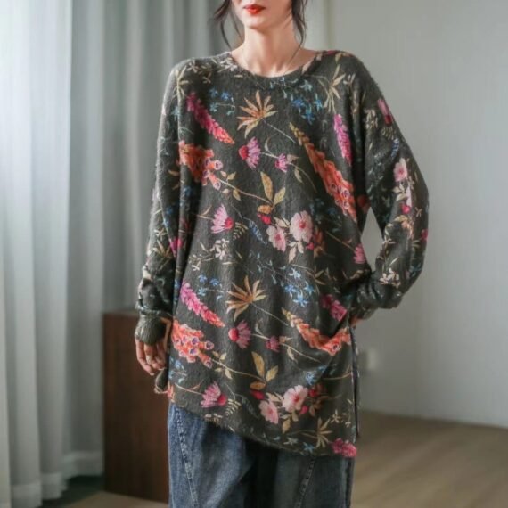 Irregular O-Neck Floral  Sweater - Image 3