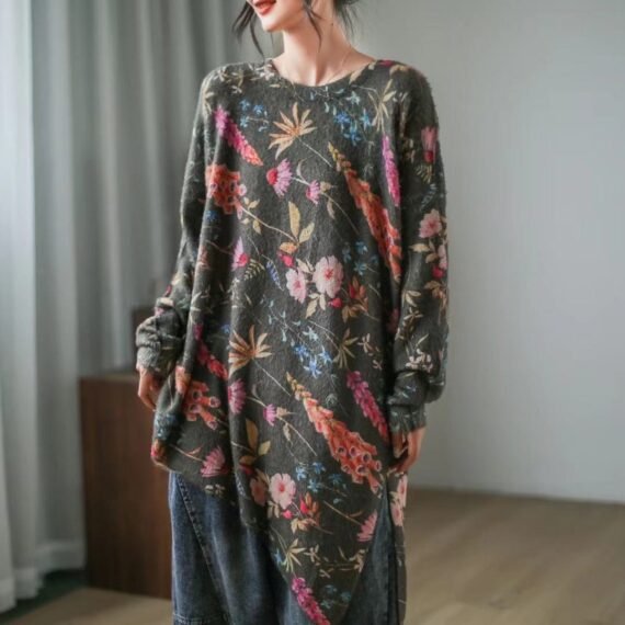 Irregular O-Neck Floral  Sweater - Image 4