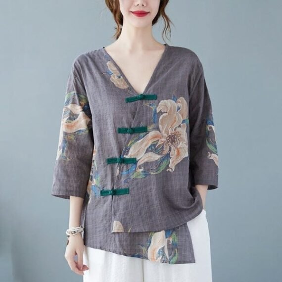 Floral Cotton Linen Oversized Blouse