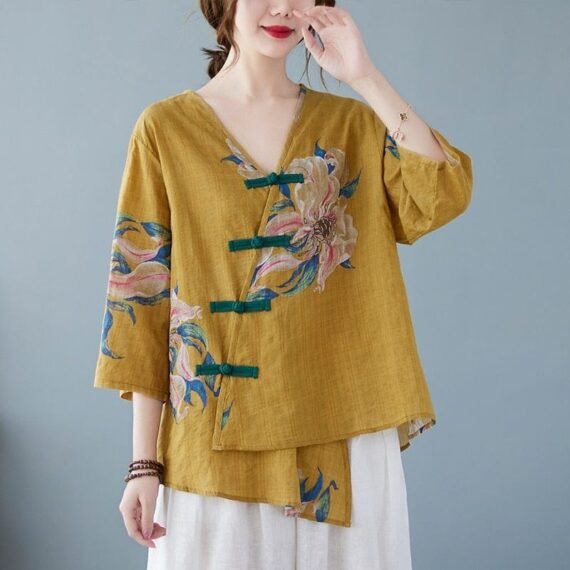 Floral Cotton Linen Oversized Blouse - Image 4