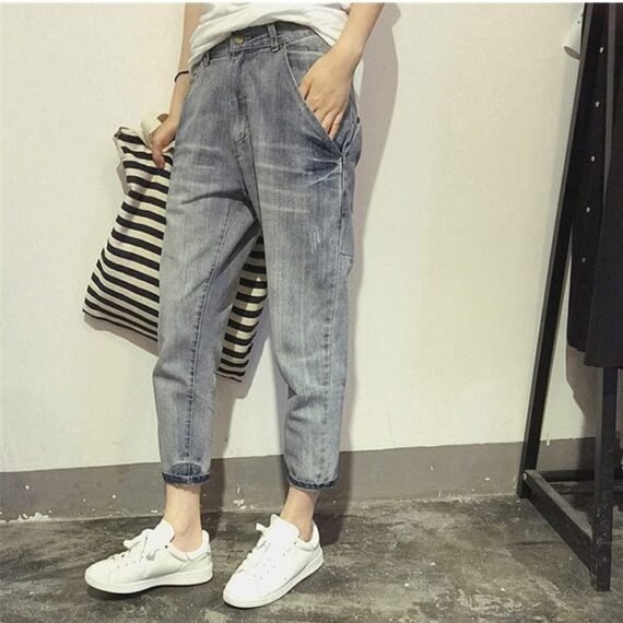 Loose Elastic Bleach Scratch Denim Pants - Image 2